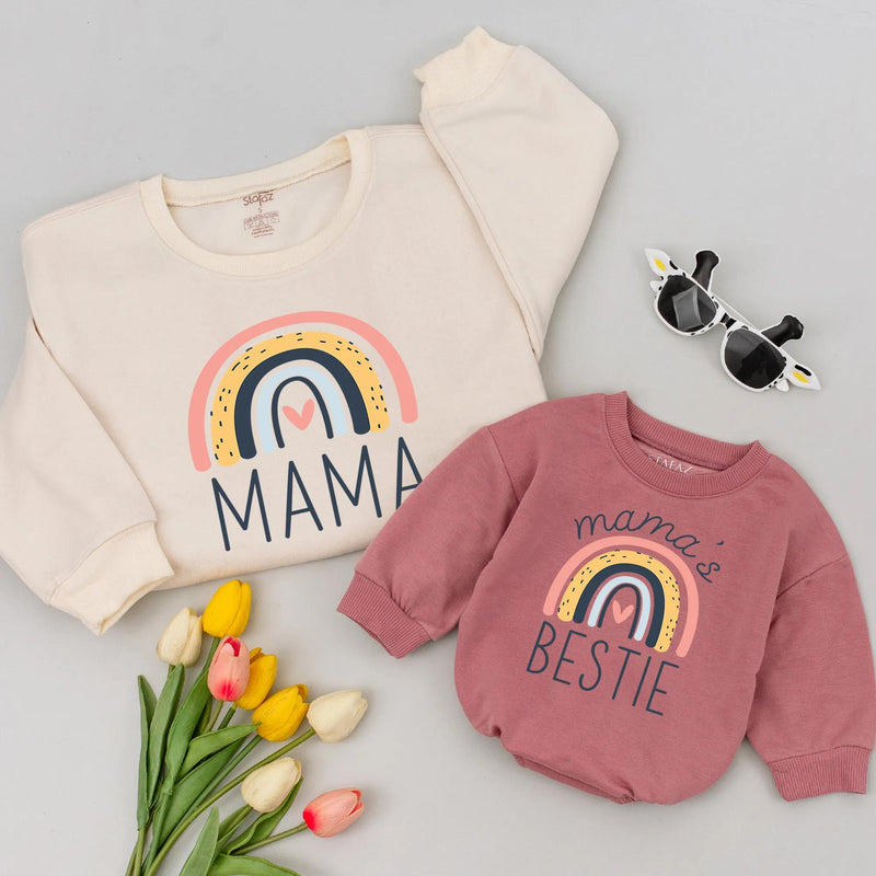 Mama and Me Matching Sweatshirts with Rainbow Design, Mama and Mama's Bestie Shirts for Mother Daughter, Soft Boho Family Outfit Gift
