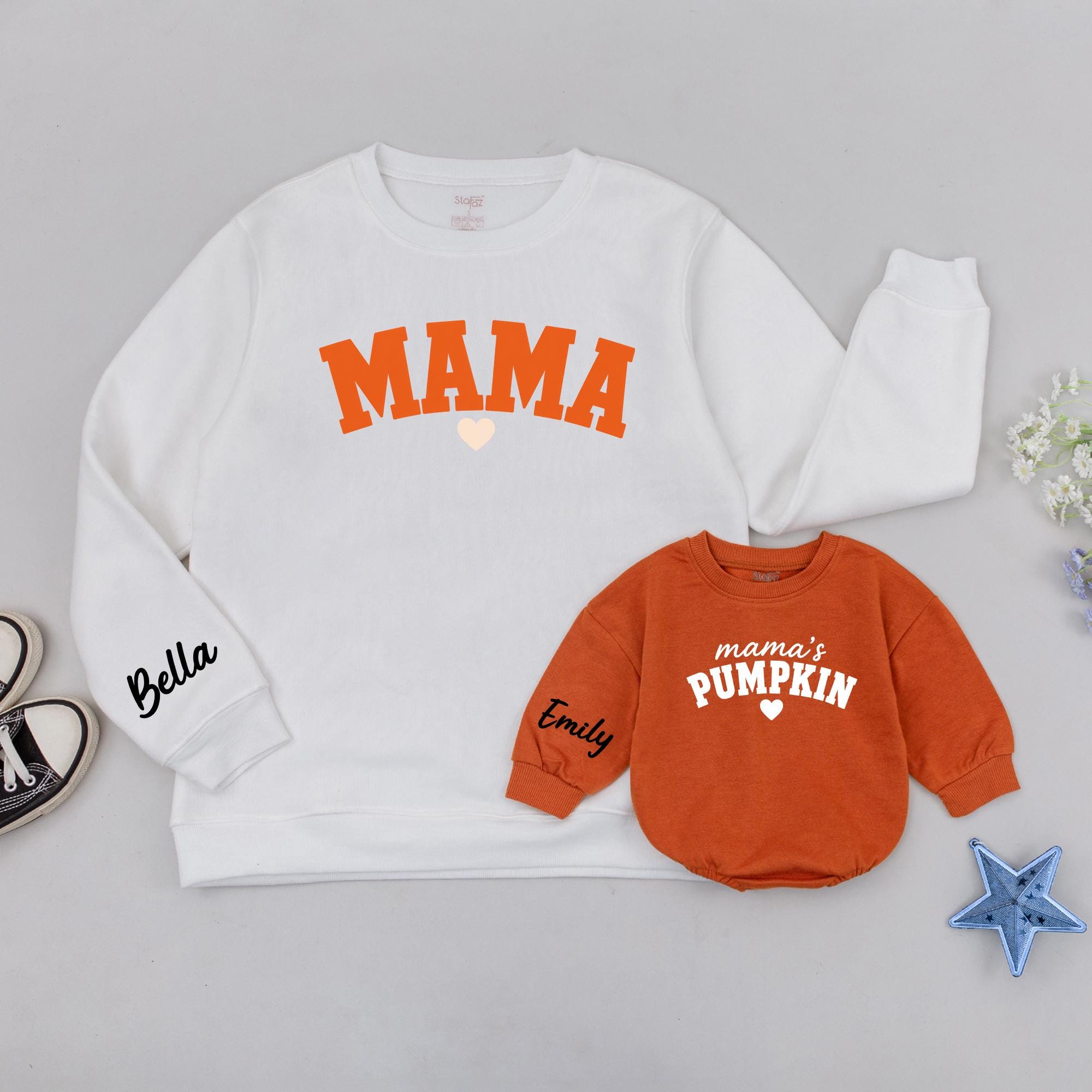 Mama and Me Pumpkin Sweatshirt Set with Custom Names, Matching Family Fall Outfits, Personalized Mommy and Baby Autumn Sweaters