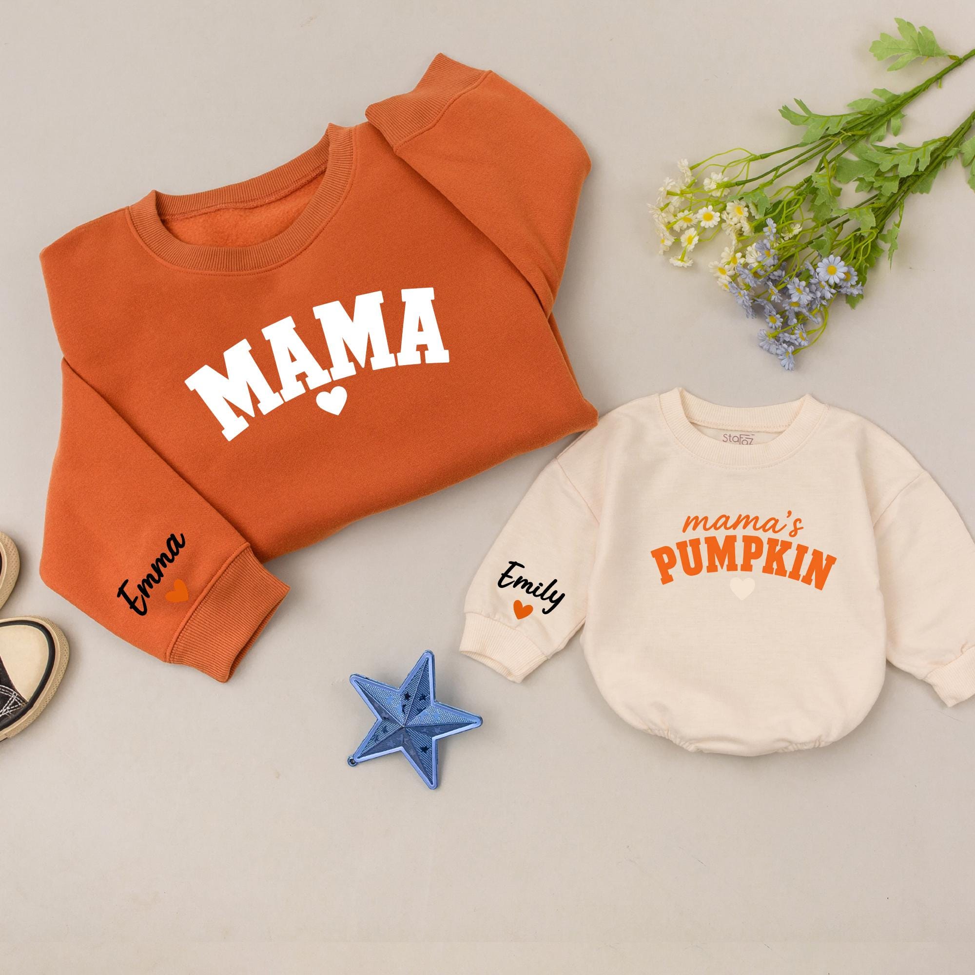 Mama and Me Pumpkin Sweatshirt Set with Custom Names, Matching Family Fall Outfits, Personalized Mommy and Baby Autumn Sweaters