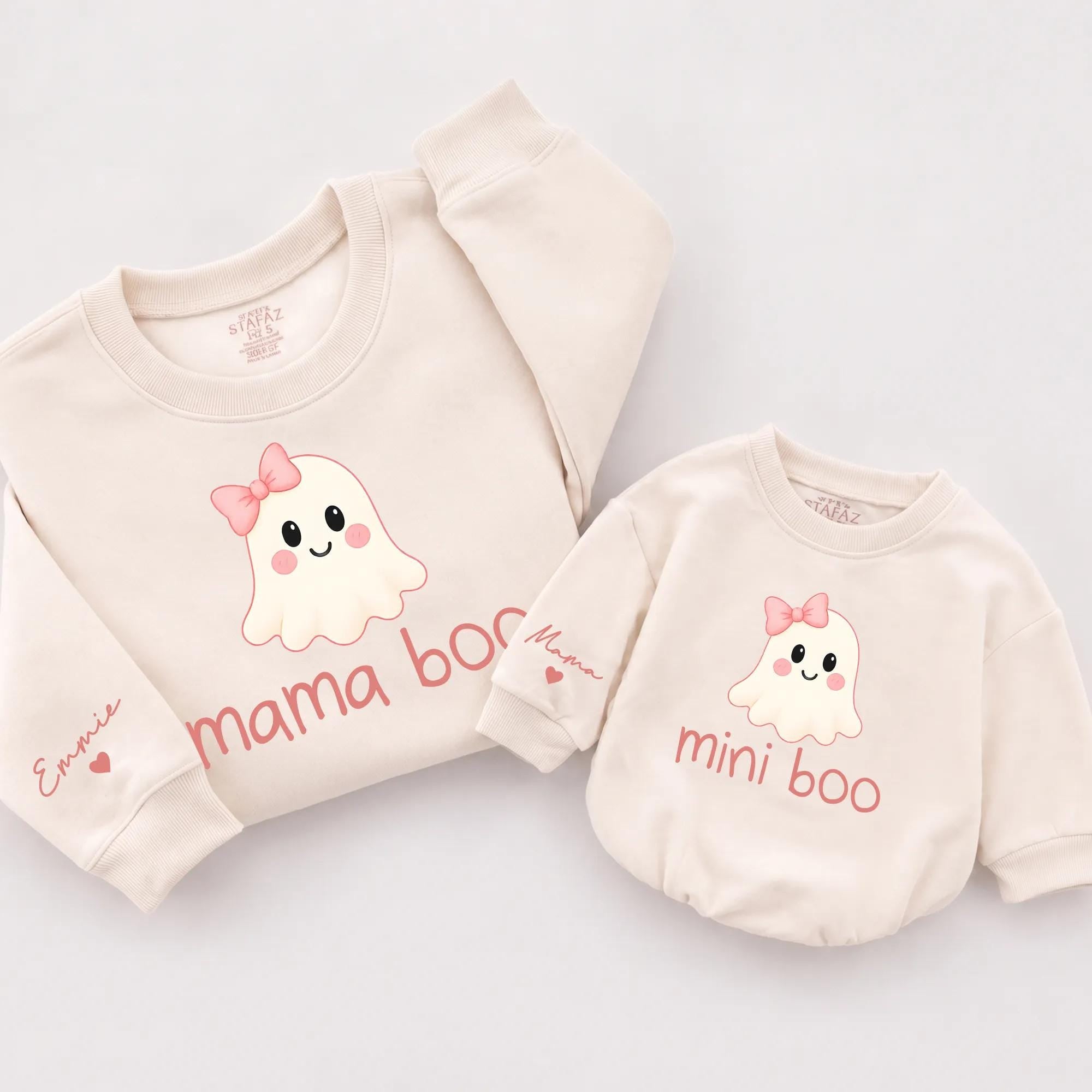 Mama and Mini Boo Matching Ghost Sweatshirts with Custom Names, Cute Halloween Mom and Baby Crewnecks for Fall Outings
