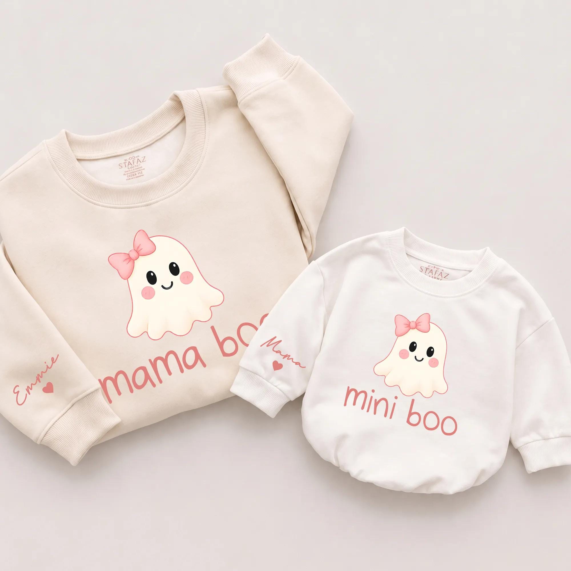 Mama and Mini Boo Matching Ghost Sweatshirts with Custom Names, Cute Halloween Mom and Baby Crewnecks for Fall Outings