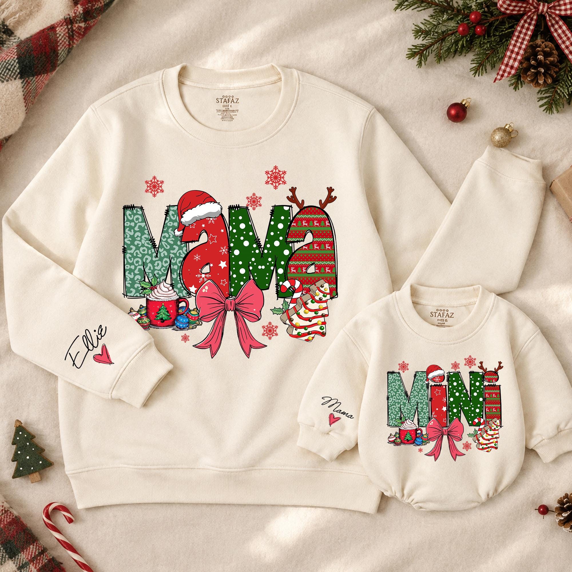 Mama and Mini Christmas Sweatshirt and Baby Romper with Festive Holiday Print, Personalized Cuff Name, Matching Family Outfit