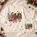 Mama and Mini Christmas Sweatshirt and Baby Romper with Festive Holiday Print, Personalized Cuff Name, Matching Family Outfit