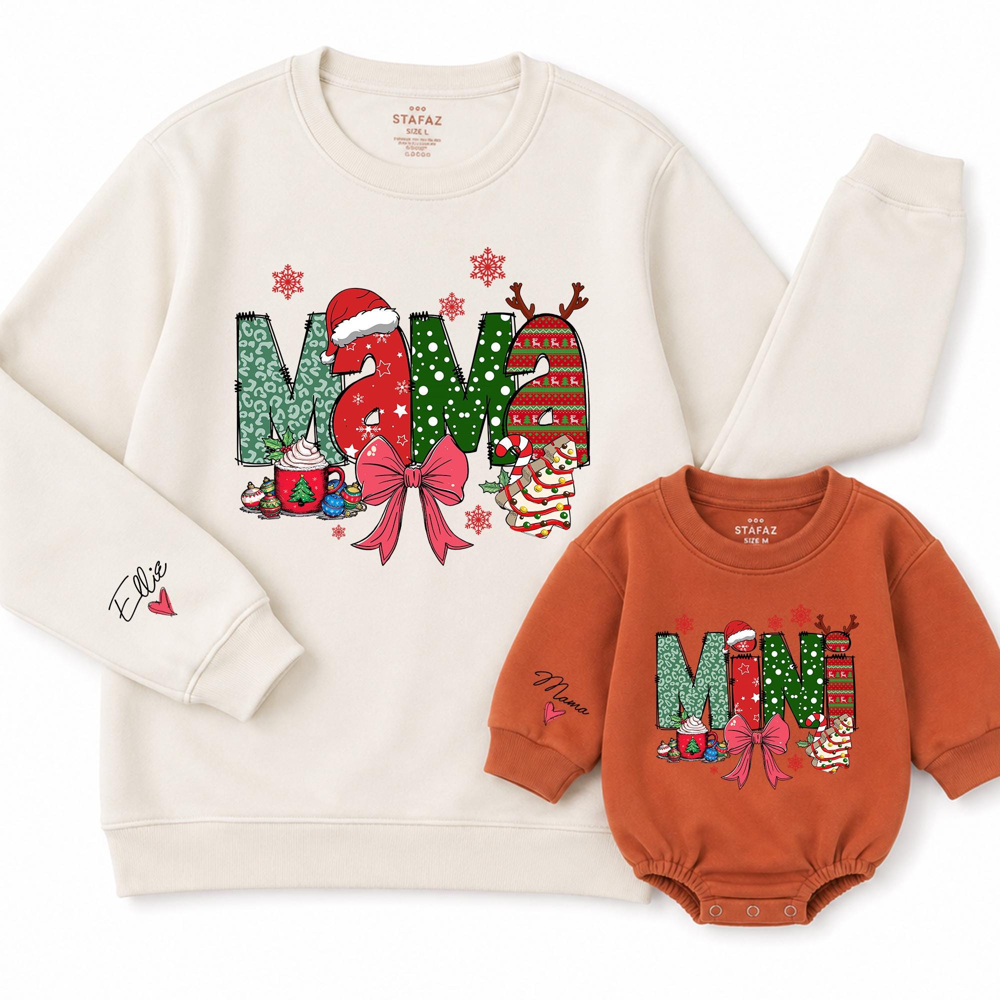 Mama and Mini Christmas Sweatshirt and Baby Romper with Festive Holiday Print, Personalized Cuff Name, Matching Family Outfit