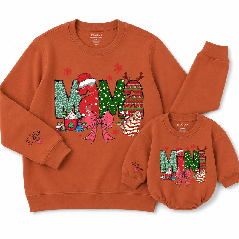 Mama and Mini Christmas Sweatshirt and Baby Romper with Festive Holiday Print, Personalized Cuff Name, Matching Family Outfit