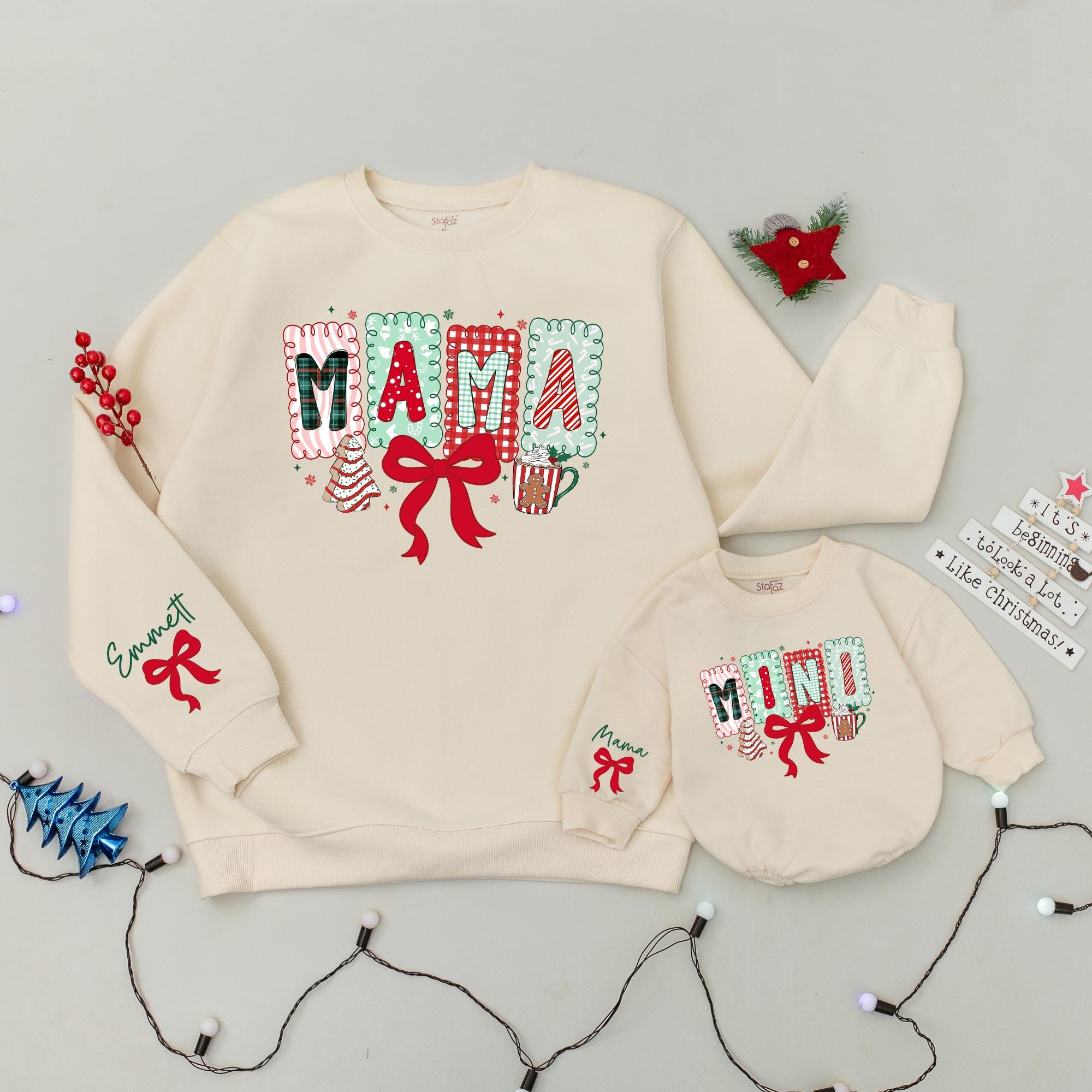 Mama and Mini Christmas Sweatshirts with Festive Bow and Custom Name, Matching Family Holiday Outfits, Cute Mom and Baby Gift