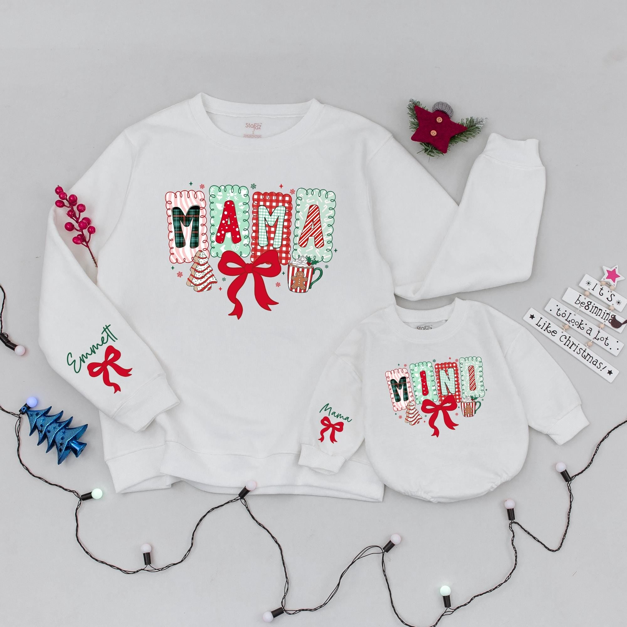 Mama and Mini Christmas Sweatshirts with Festive Bow and Custom Name, Matching Family Holiday Outfits, Cute Mom and Baby Gift
