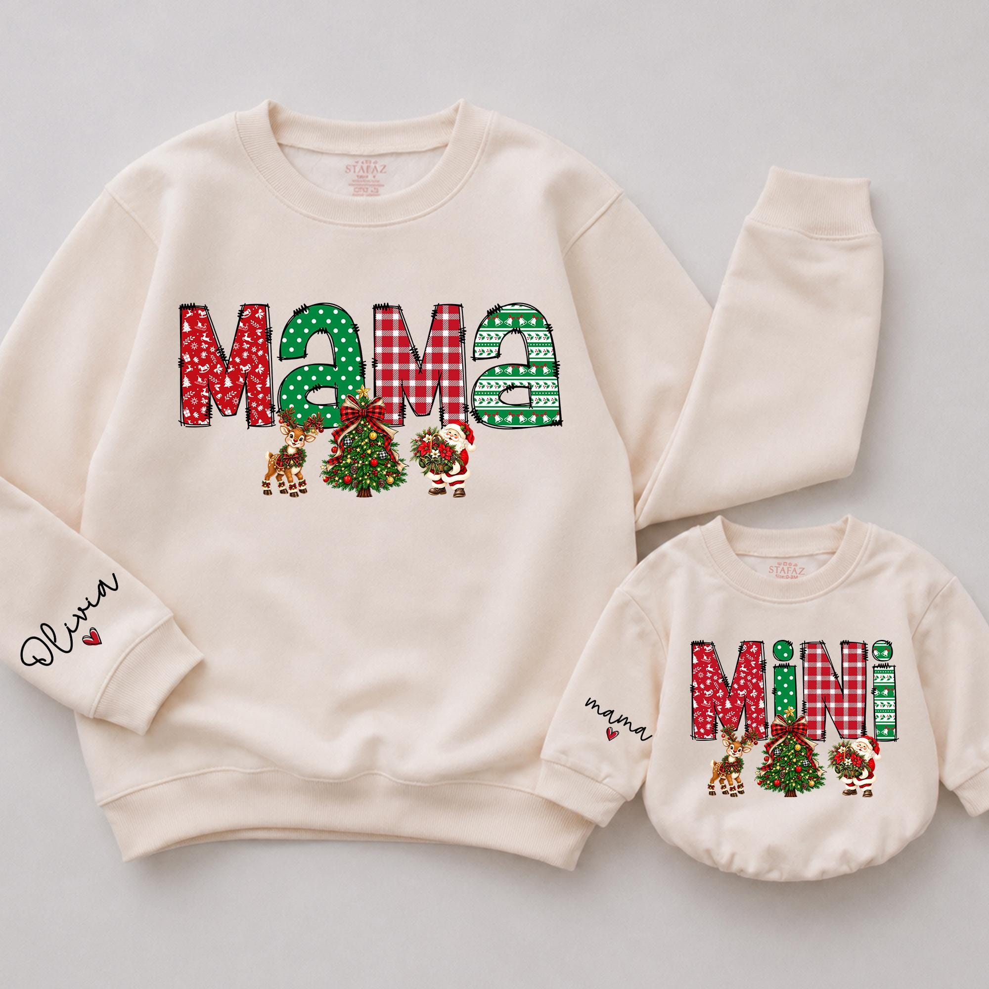 Mama and Mini Christmas Sweatshirts with Festive Tree and Reindeer Design, Matching Family Holiday Outfits with Custom Names