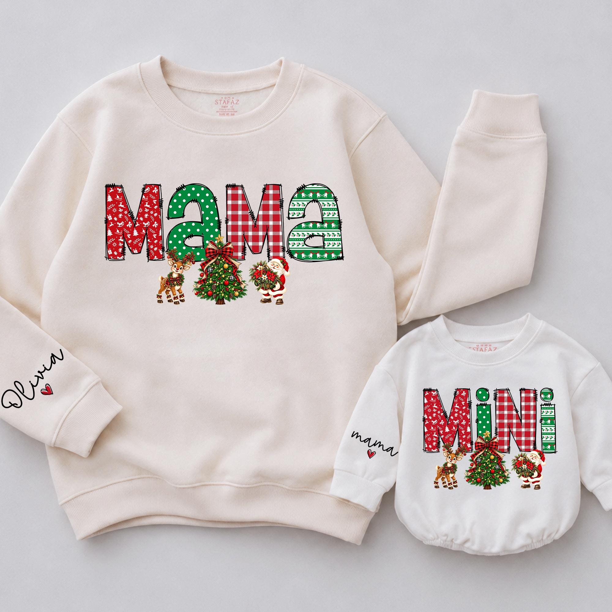 Mama and Mini Christmas Sweatshirts with Festive Tree and Reindeer Design, Matching Family Holiday Outfits with Custom Names