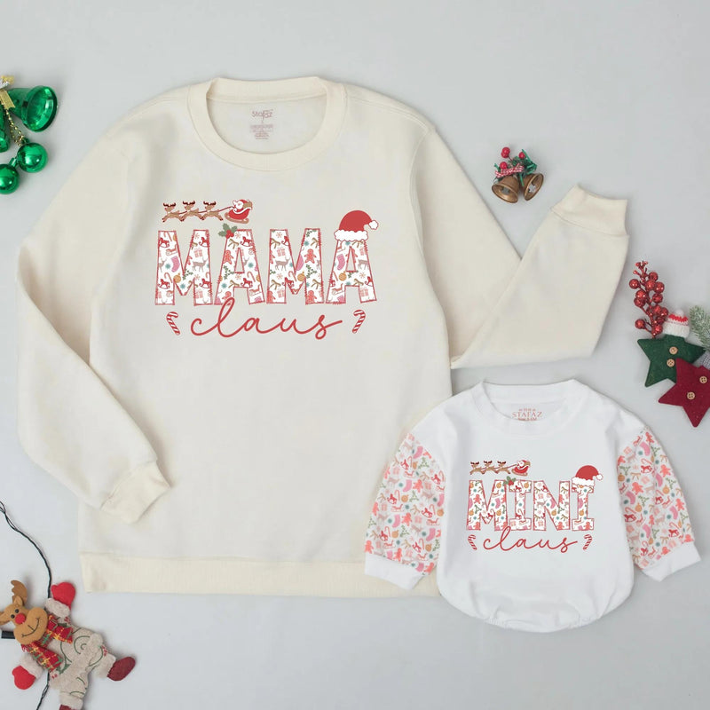 Mama and Mini Claus Matching Christmas Sweatshirts, Custom Holiday Outfit for Mom and Baby, Soft Cotton Family Sweater, Perfect Baby Gift