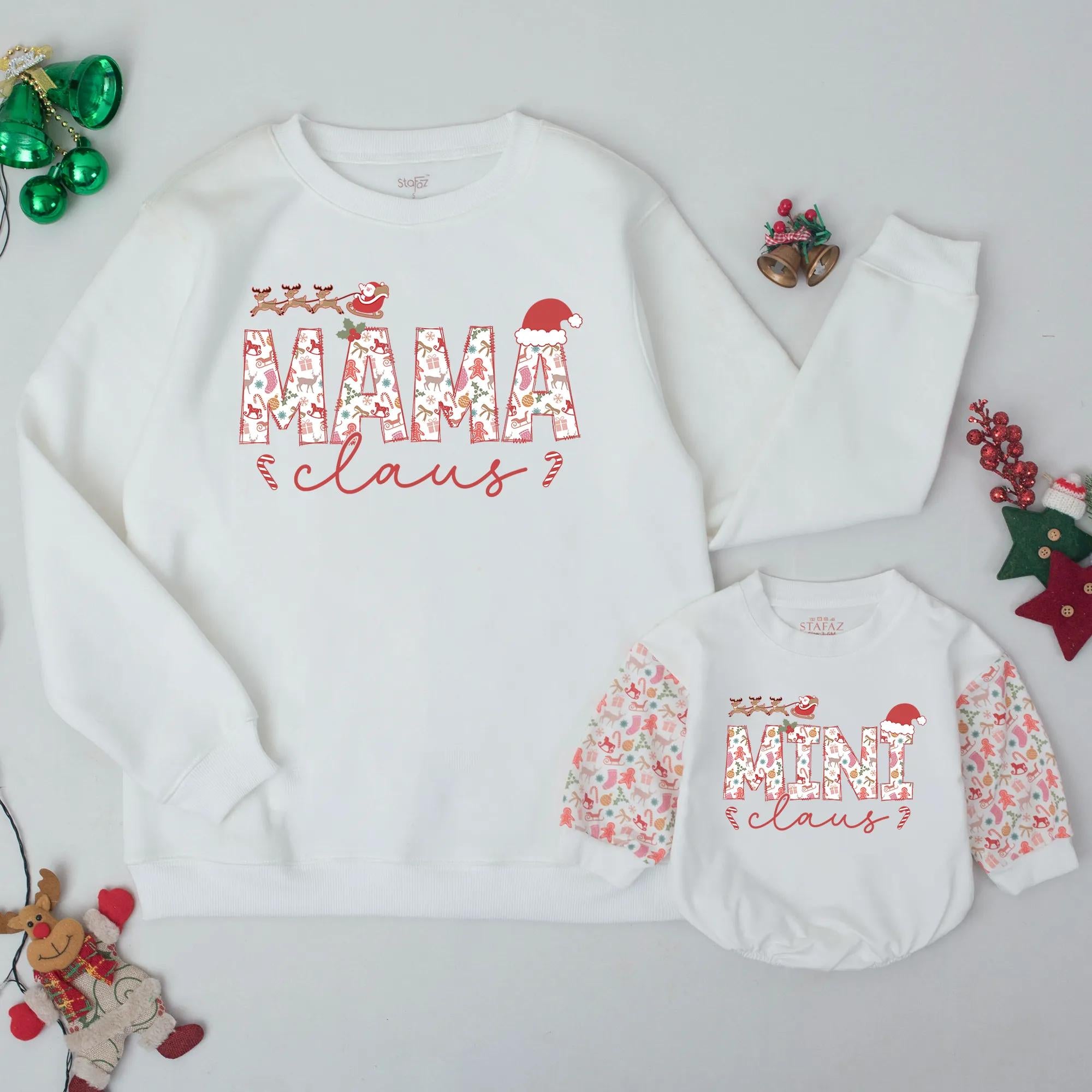 Mama and Mini Claus Matching Christmas Sweatshirts, Custom Holiday Outfit for Mom and Baby, Soft Cotton Family Sweater, Perfect Baby Gift