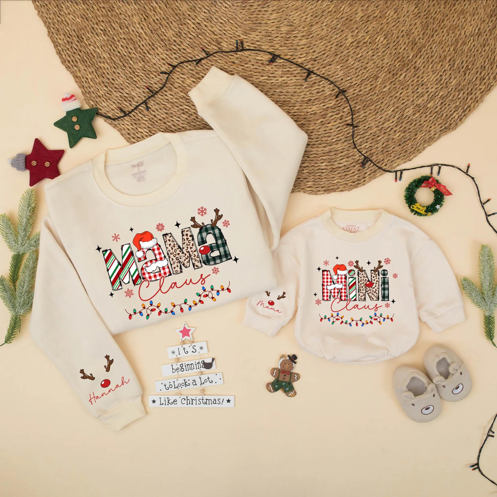 Mama and Mini Claus Matching Christmas Sweatshirts with Personalized Name, Festive Holiday Family Outfits, Retro Plaid Design
