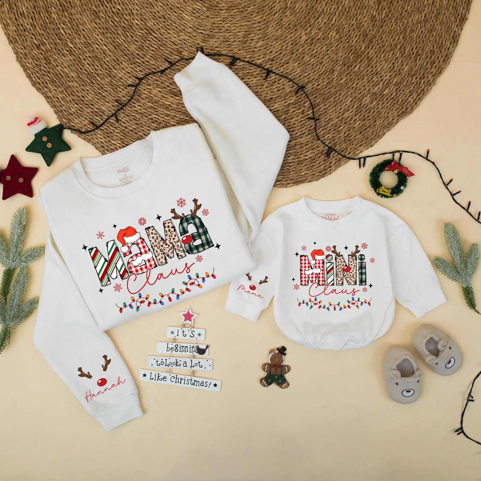 Mama and Mini Claus Matching Christmas Sweatshirts with Personalized Name, Festive Holiday Family Outfits, Retro Plaid Design