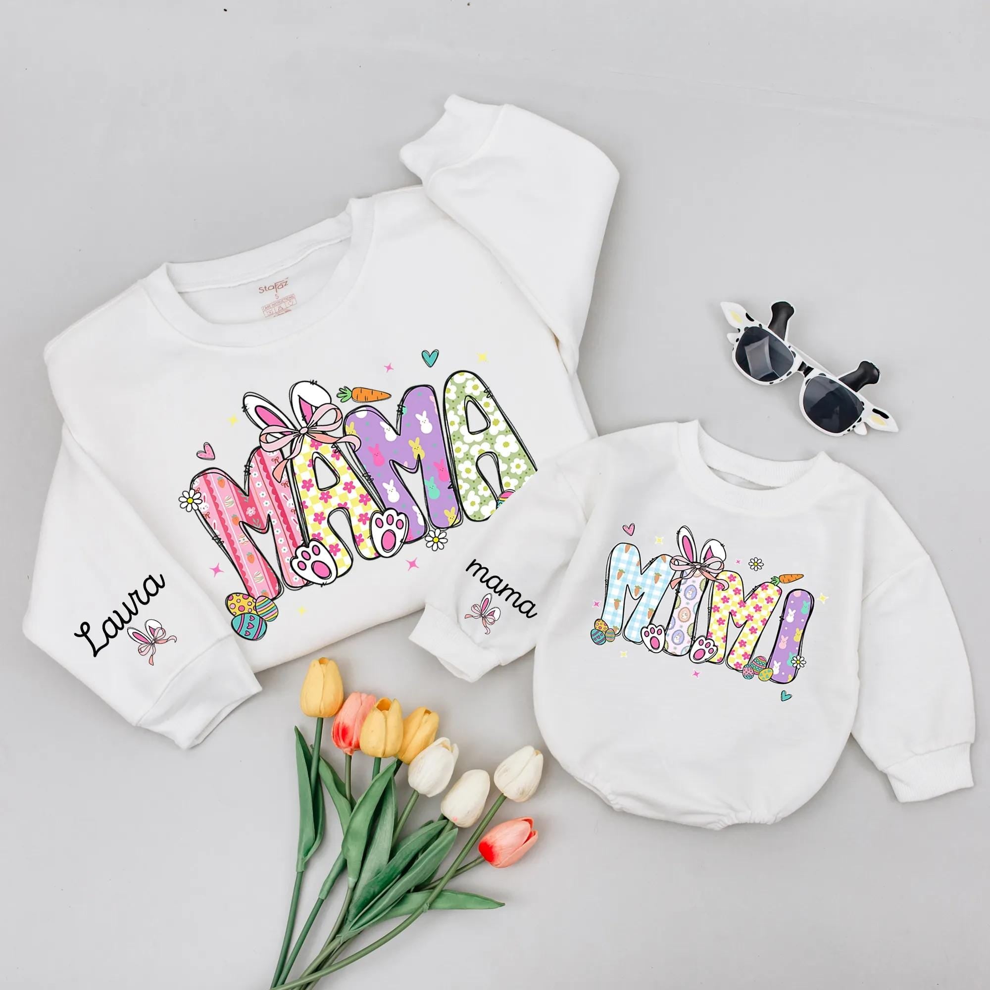 Mama and Mini Easter Bunny Sweatshirts with Custom Name, Matching Family Spring Outfits, Mommy and Me Easter Shirts