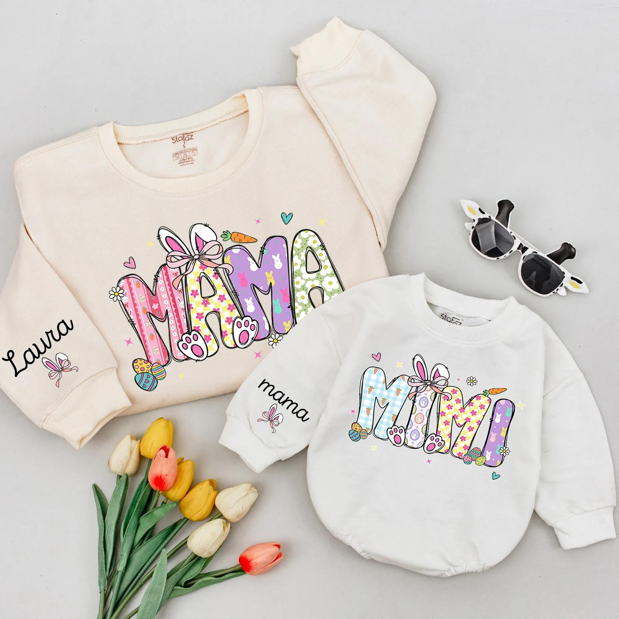 Mama and Mini Easter Bunny Sweatshirts with Custom Name, Matching Family Spring Outfits, Mommy and Me Easter Shirts