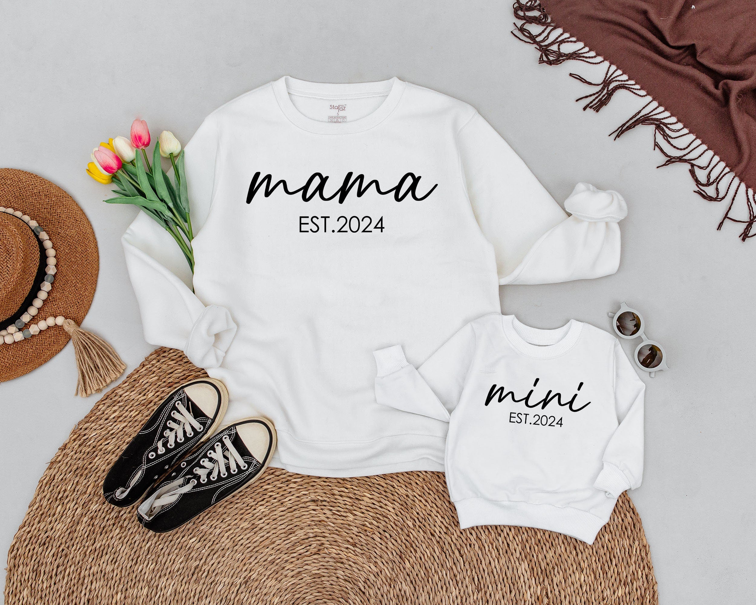 Mama Mini Est 2024 Matching Sweatshirts Cozy Fall Outfit Mom Baby Soft Cotton Thanksgiving Gift
