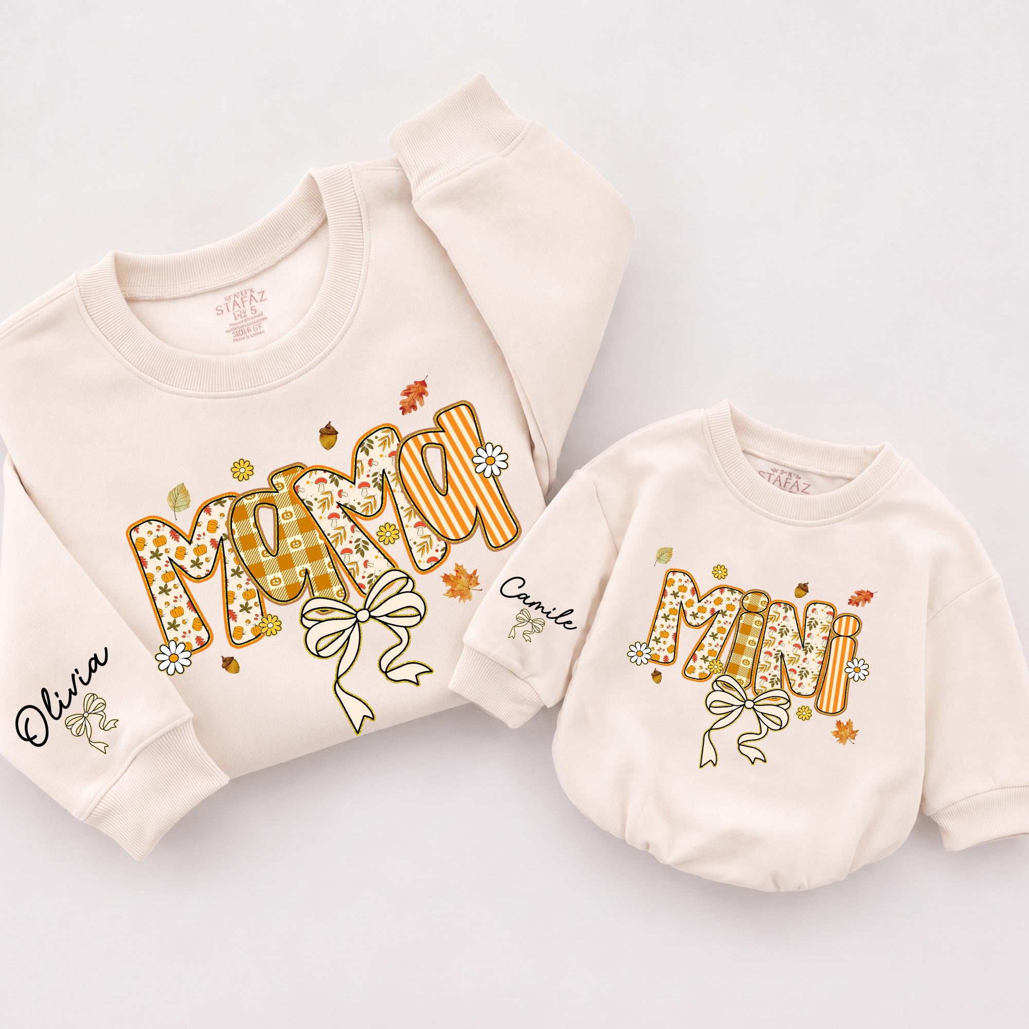 Mama and Mini Fall Matching Sweatshirts with Autumn Leaves and Bow Artwork, Custom Names on Sleeve, Cozy Mommy and Me Outfit
