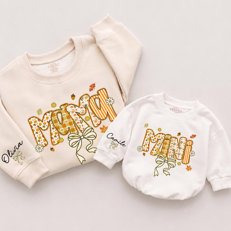 Mama and Mini Fall Matching Sweatshirts with Autumn Leaves and Bow Artwork, Custom Names on Sleeve, Cozy Mommy and Me Outfit