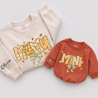 Mama and Mini Fall Matching Sweatshirts with Autumn Leaves and Bow Artwork, Custom Names on Sleeve, Cozy Mommy and Me Outfit