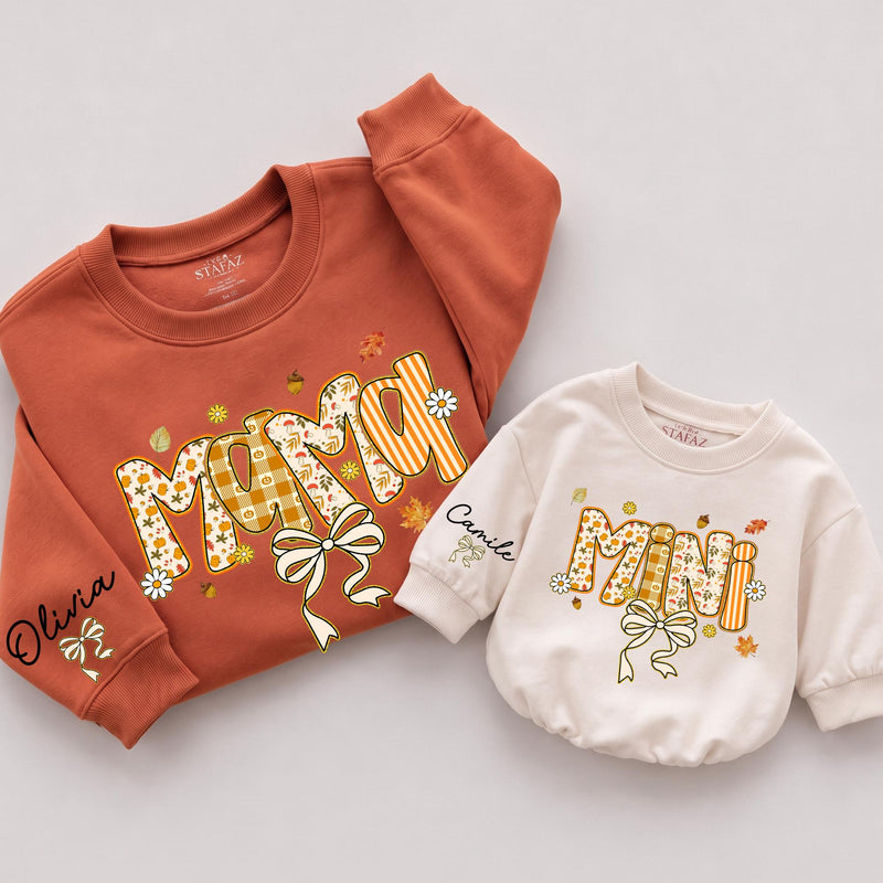 Mama and Mini Fall Matching Sweatshirts with Autumn Leaves and Bow Artwork, Custom Names on Sleeve, Cozy Mommy and Me Outfit