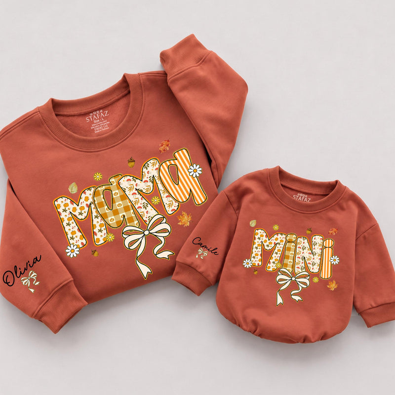 Mama and Mini Fall Matching Sweatshirts with Autumn Leaves and Bow Artwork, Custom Names on Sleeve, Cozy Mommy and Me Outfit