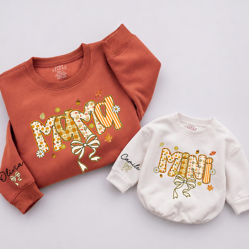 Mama and Mini Fall Matching Sweatshirts with Autumn Leaves and Bow Artwork, Custom Names on Sleeve, Cozy Mommy and Me Outfit