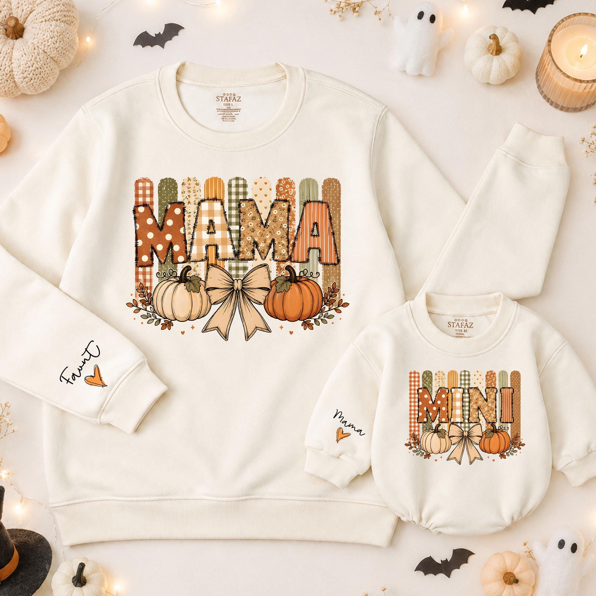 Mama and Mini Fall Pumpkin Sweatshirts with Autumn Bow Graphic, Matching Family Outfits for Pumpkin Patch, Sizes NB to 2XL