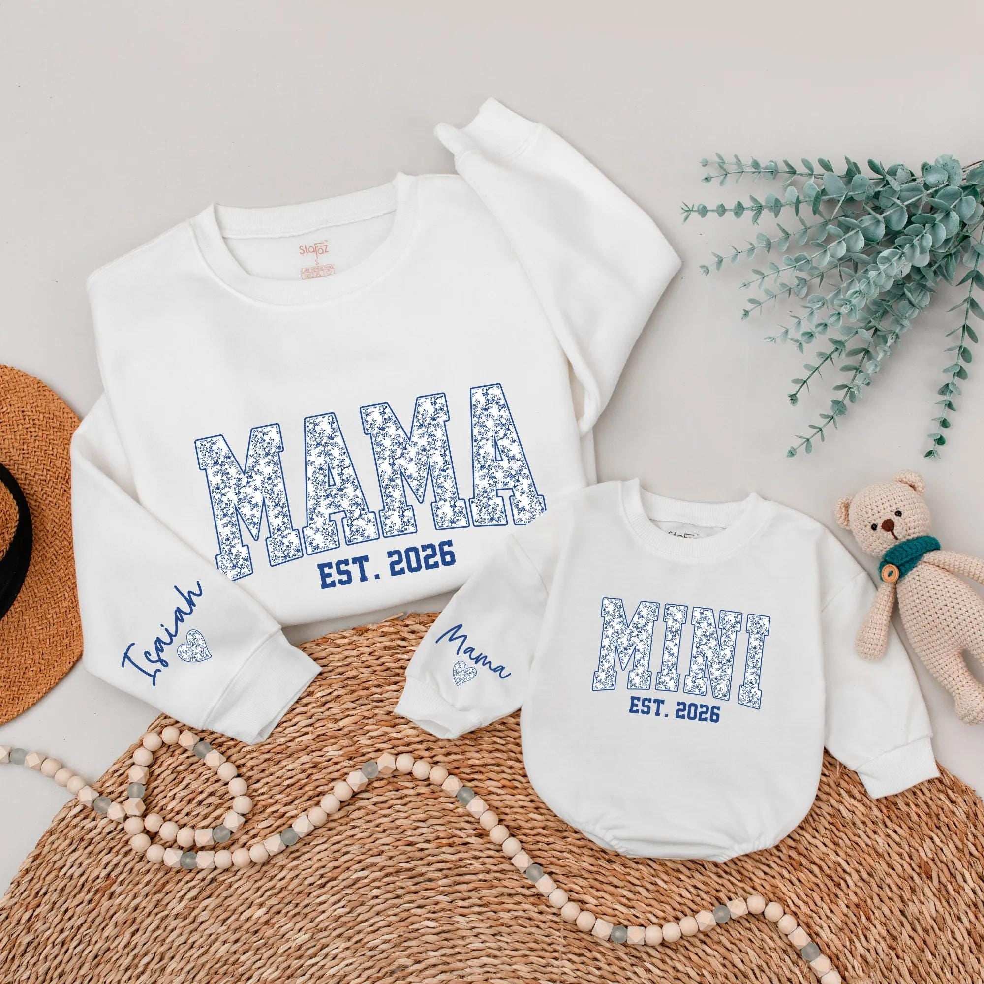 Mama & Mini Floral Print Matching Sweatshirts with Custom Name, EST Year Design, Personalized Mommy and Me Baby Gift Set