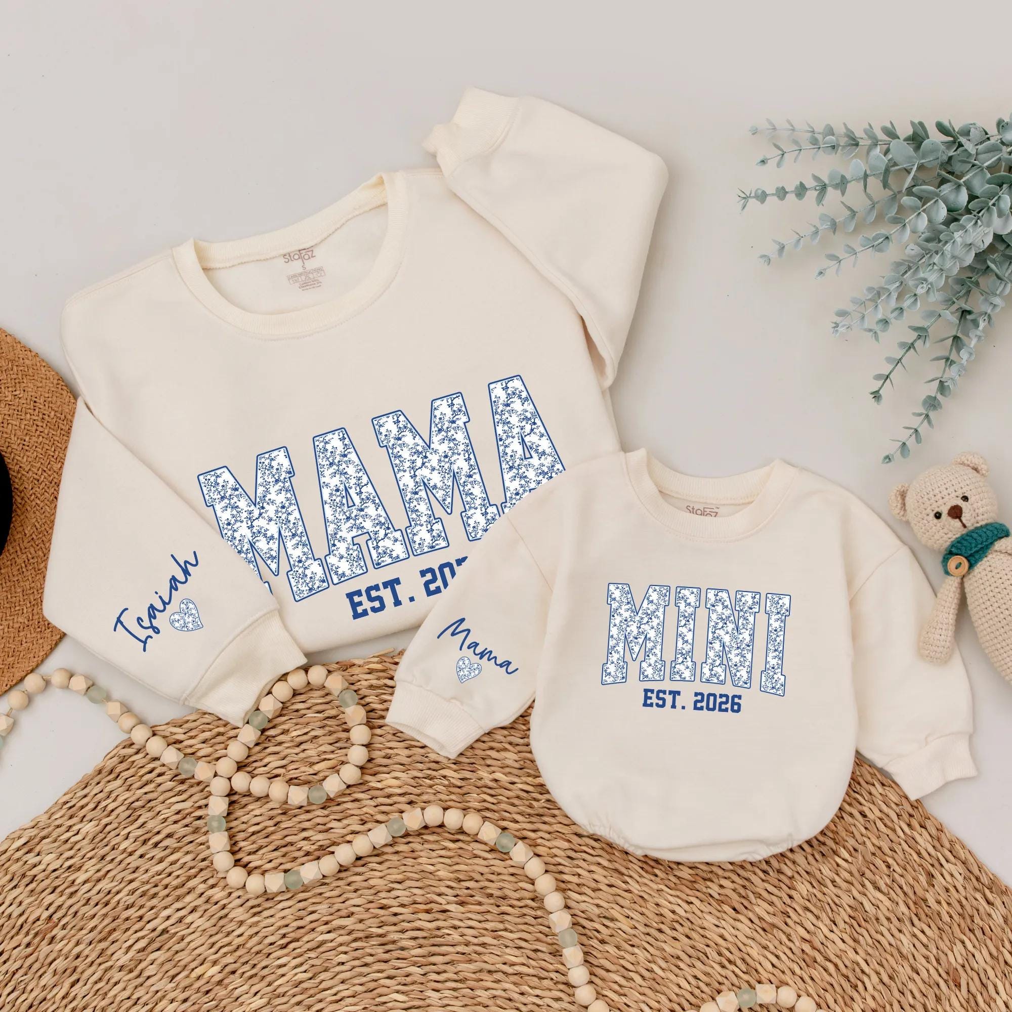 Mama & Mini Floral Print Matching Sweatshirts with Custom Name, EST Year Design, Personalized Mommy and Me Baby Gift Set
