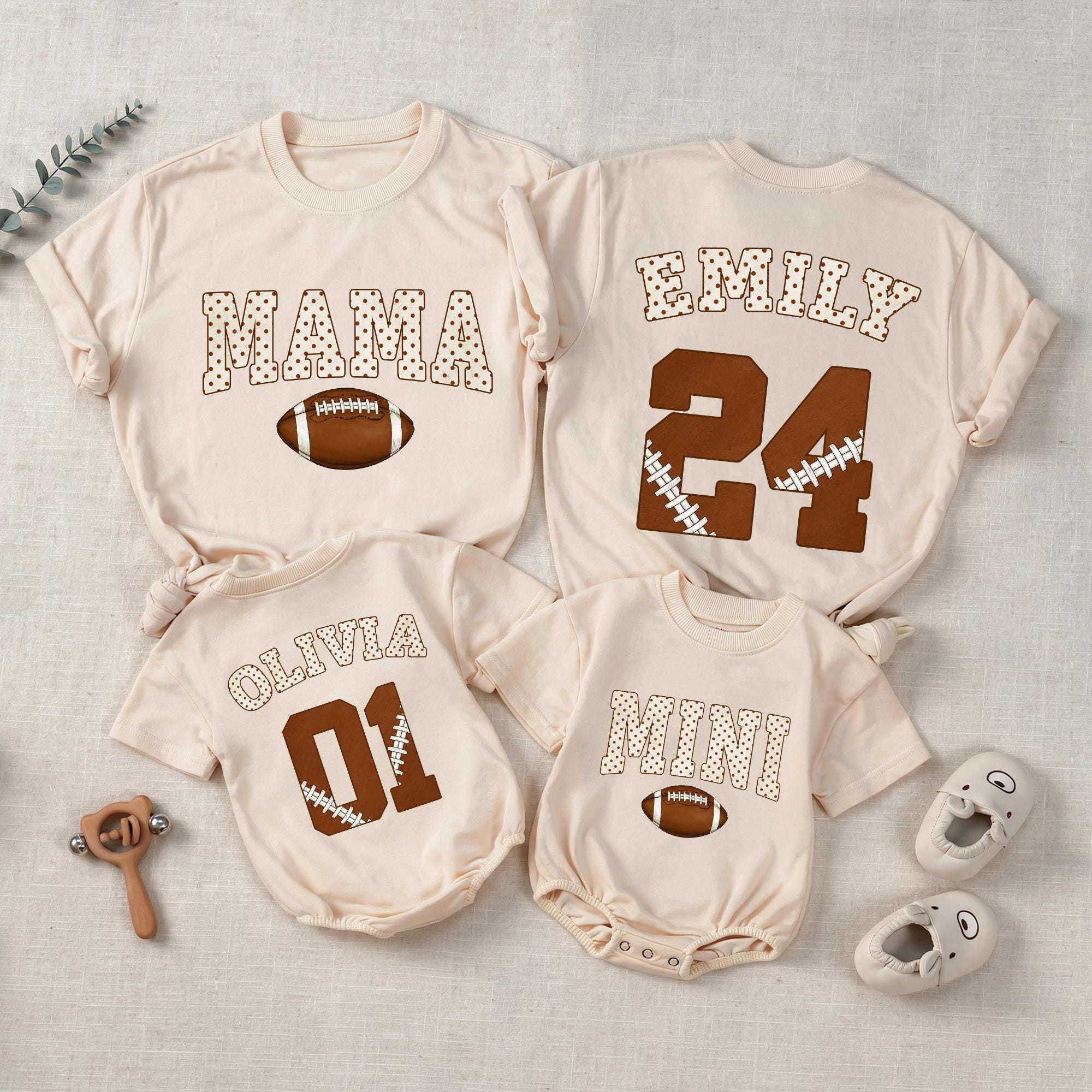 Mama and Mini Football Matching Shirts with Polka Dot Lettering, Personalized Baby Romper and Family Name Year Print Set