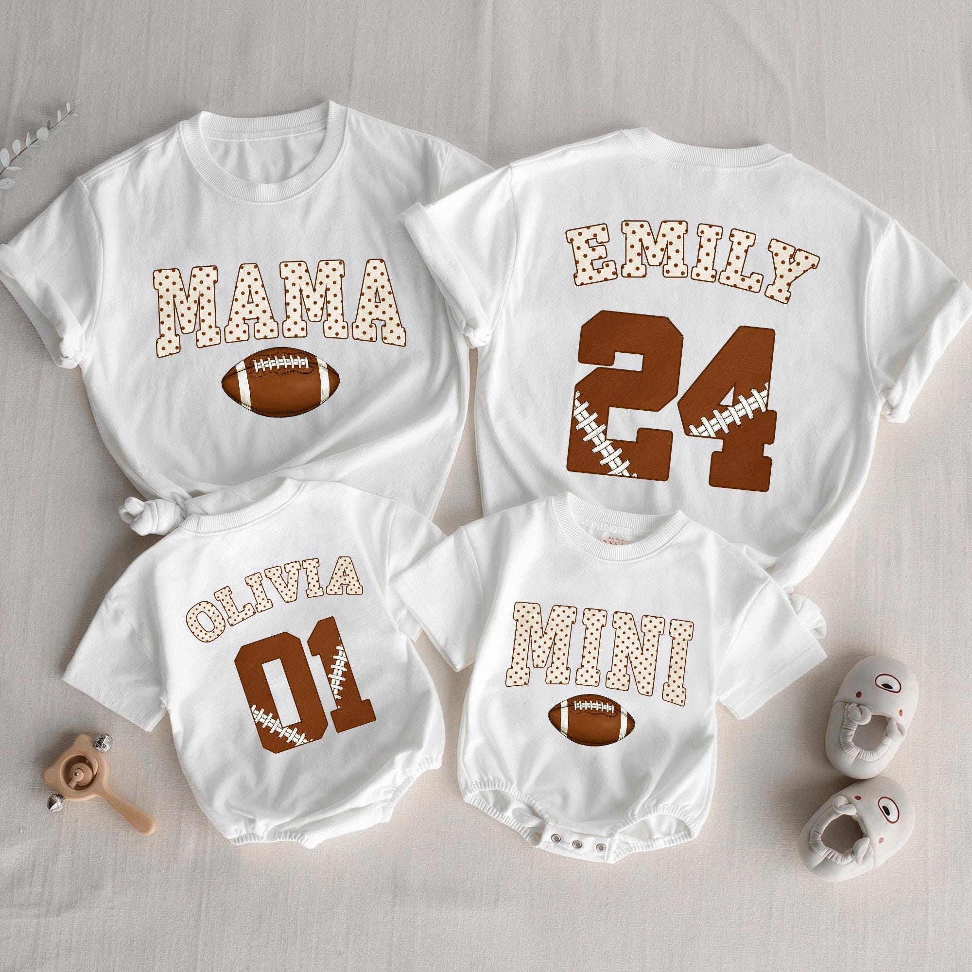 Mama and Mini Football Matching Shirts with Polka Dot Lettering, Personalized Baby Romper and Family Name Year Print Set