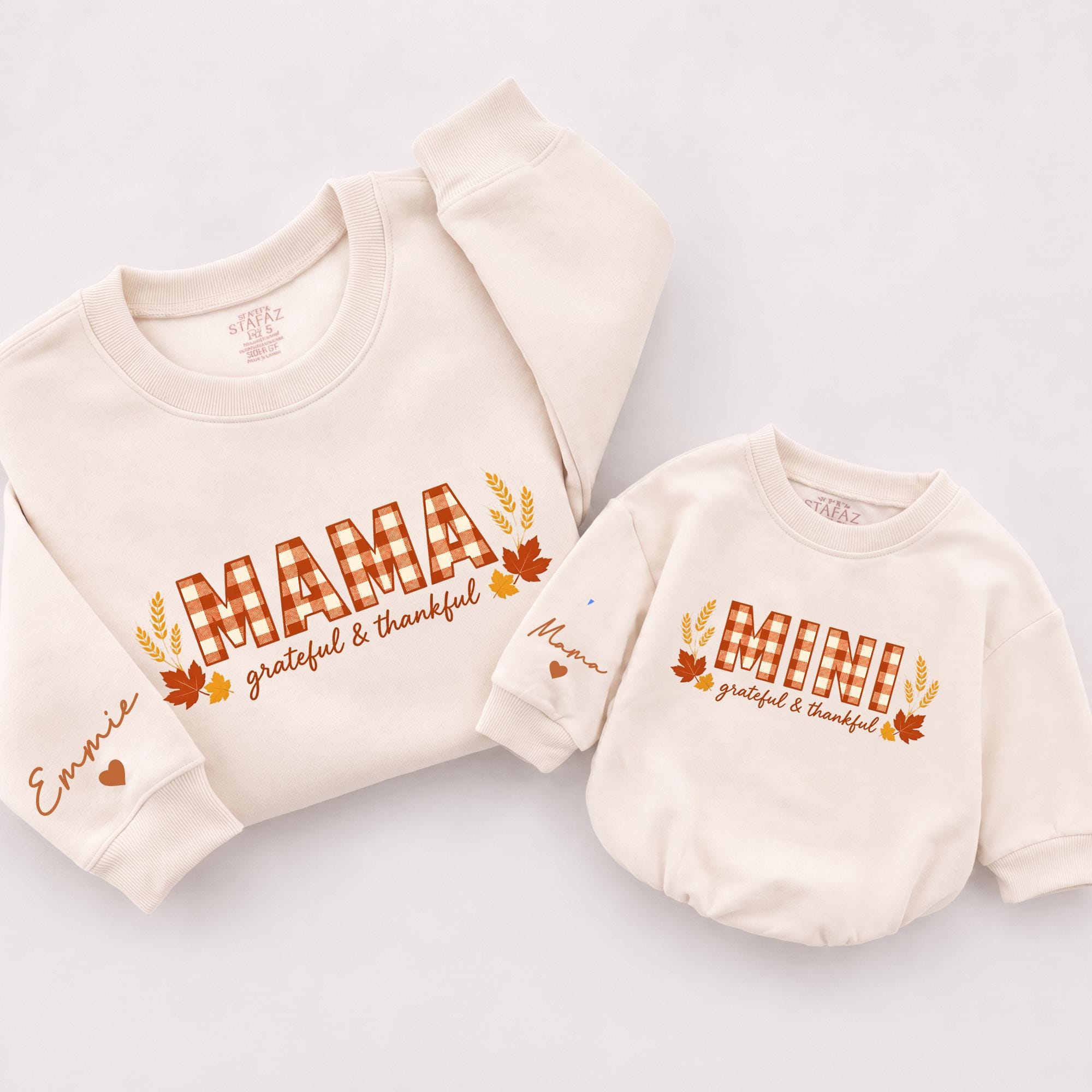 Mama Mini Grateful & Thankful Matching Thanksgiving Sweatshirts with Custom Name, Mommy and Me Fall Outfit for Family Photos