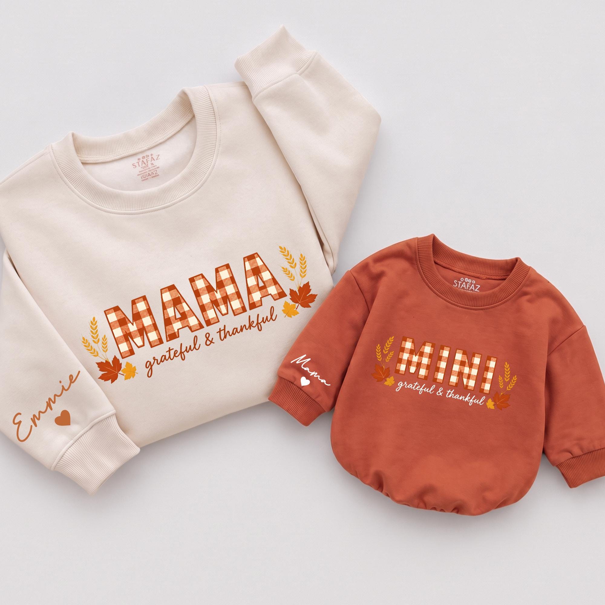 Mama Mini Grateful & Thankful Matching Thanksgiving Sweatshirts with Custom Name, Mommy and Me Fall Outfit for Family Photos