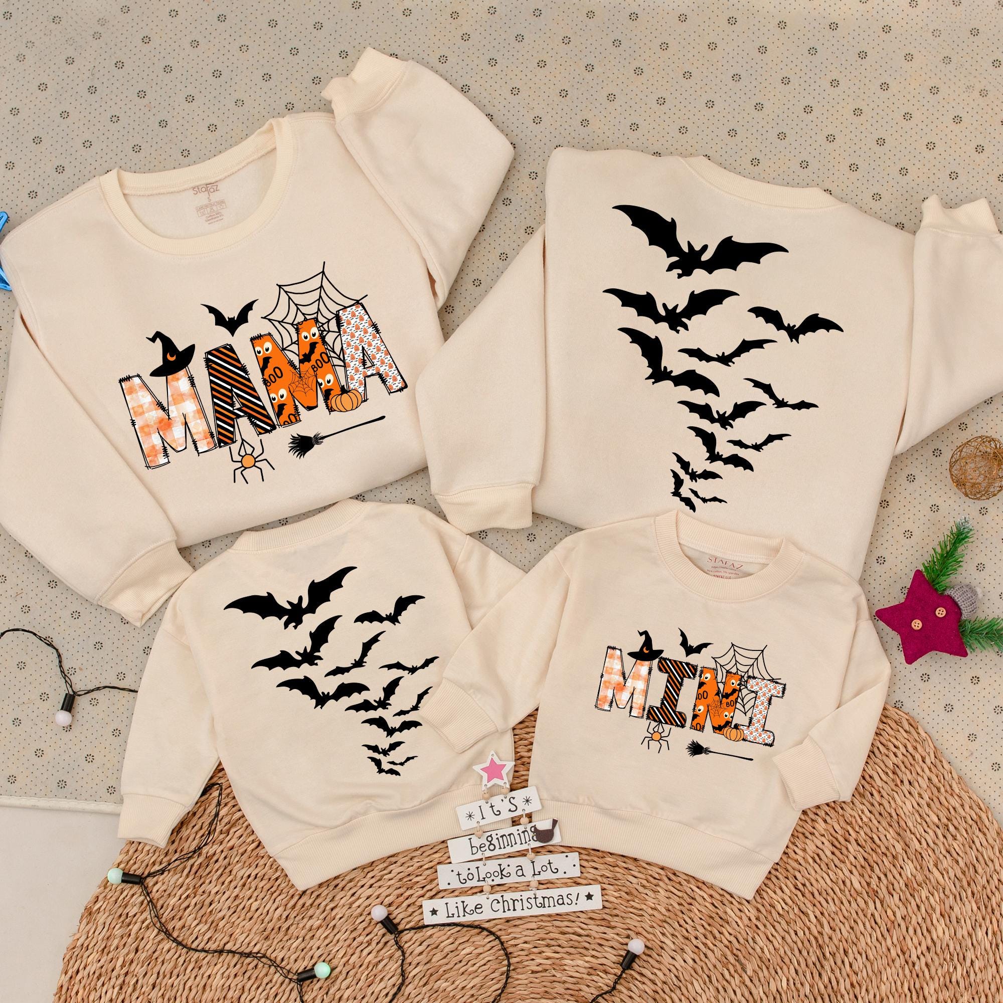 Mama Mini Halloween Matching Family Sweatshirt Gift with Custom Names Vibrant Spider Web and Bat Design Cozy Cotton Unisex Outfit