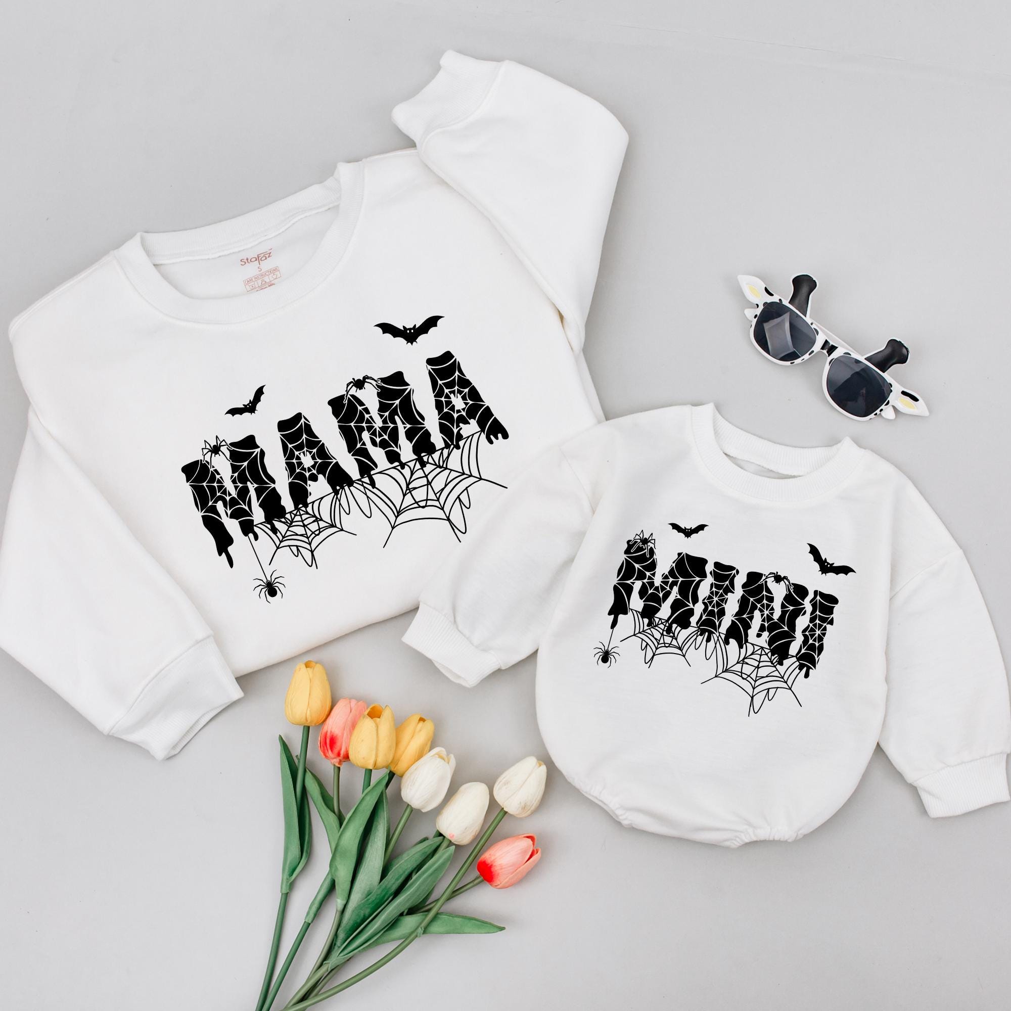 Mama and Mini Halloween Matching Shirts with Spooky Dripping Font Spiderwebs Bats Cute Family Outfit for Toddlers Babies Moms Seasonal Gift