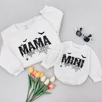 Mama and Mini Halloween Matching Shirts with Spooky Dripping Font Spiderwebs Bats Cute Family Outfit for Toddlers Babies Moms Seasonal Gift