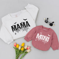 Mama and Mini Halloween Matching Shirts with Spooky Dripping Font Spiderwebs Bats Cute Family Outfit for Toddlers Babies Moms Seasonal Gift