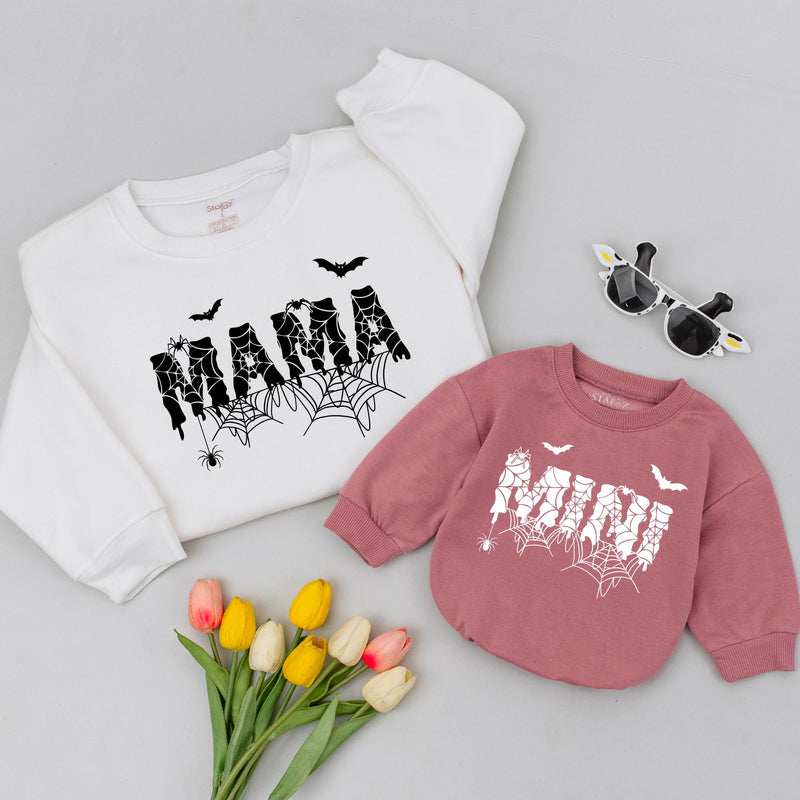 Mama and Mini Halloween Matching Shirts with Spooky Dripping Font Spiderwebs Bats Cute Family Outfit for Toddlers Babies Moms Seasonal Gift