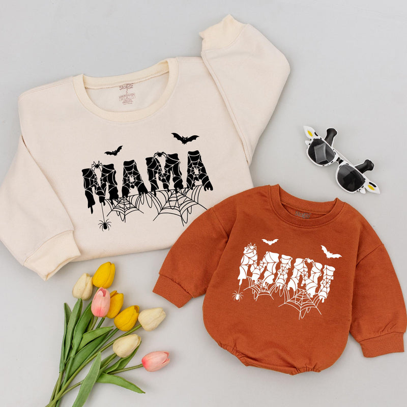 Mama and Mini Halloween Matching Shirts with Spooky Dripping Font Spiderwebs Bats Cute Family Outfit for Toddlers Babies Moms Seasonal Gift