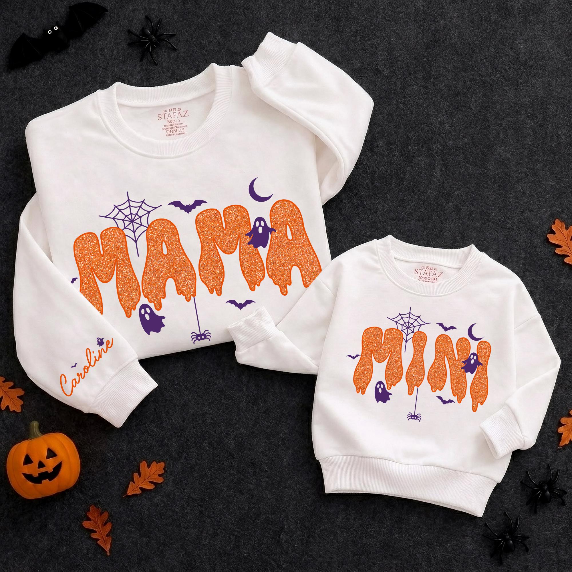 Mama and Mini Halloween Sweatshirts with Orange Glitter Print, Custom Name Wrist Matching Family Outfits for Spooky Season
