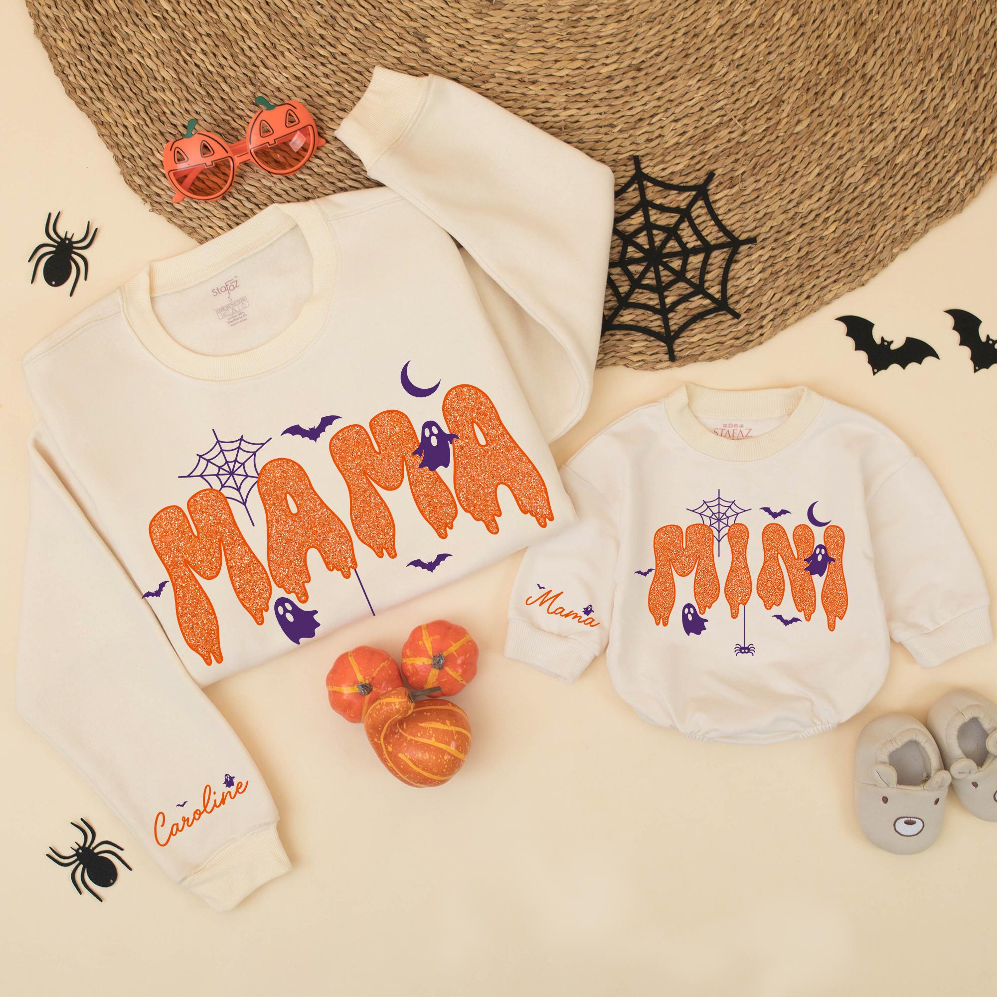 Mama and Mini Halloween Sweatshirts with Orange Glitter Print, Custom Name Wrist Matching Family Outfits for Spooky Season