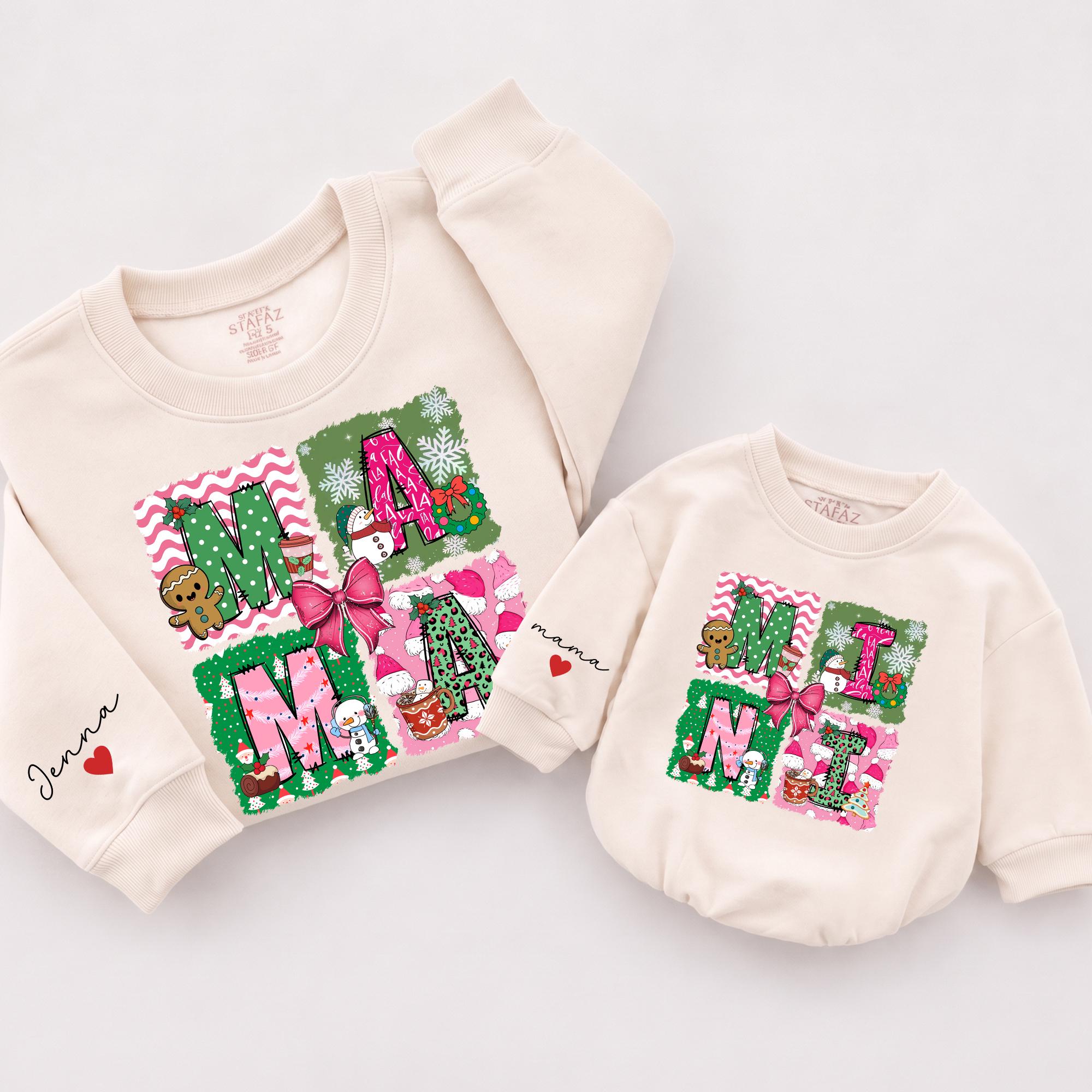 Mama and Mini Matching Christmas Sweatshirts with Festive Holiday Artwork, Custom Names, Mommy and Me Holiday Outfits