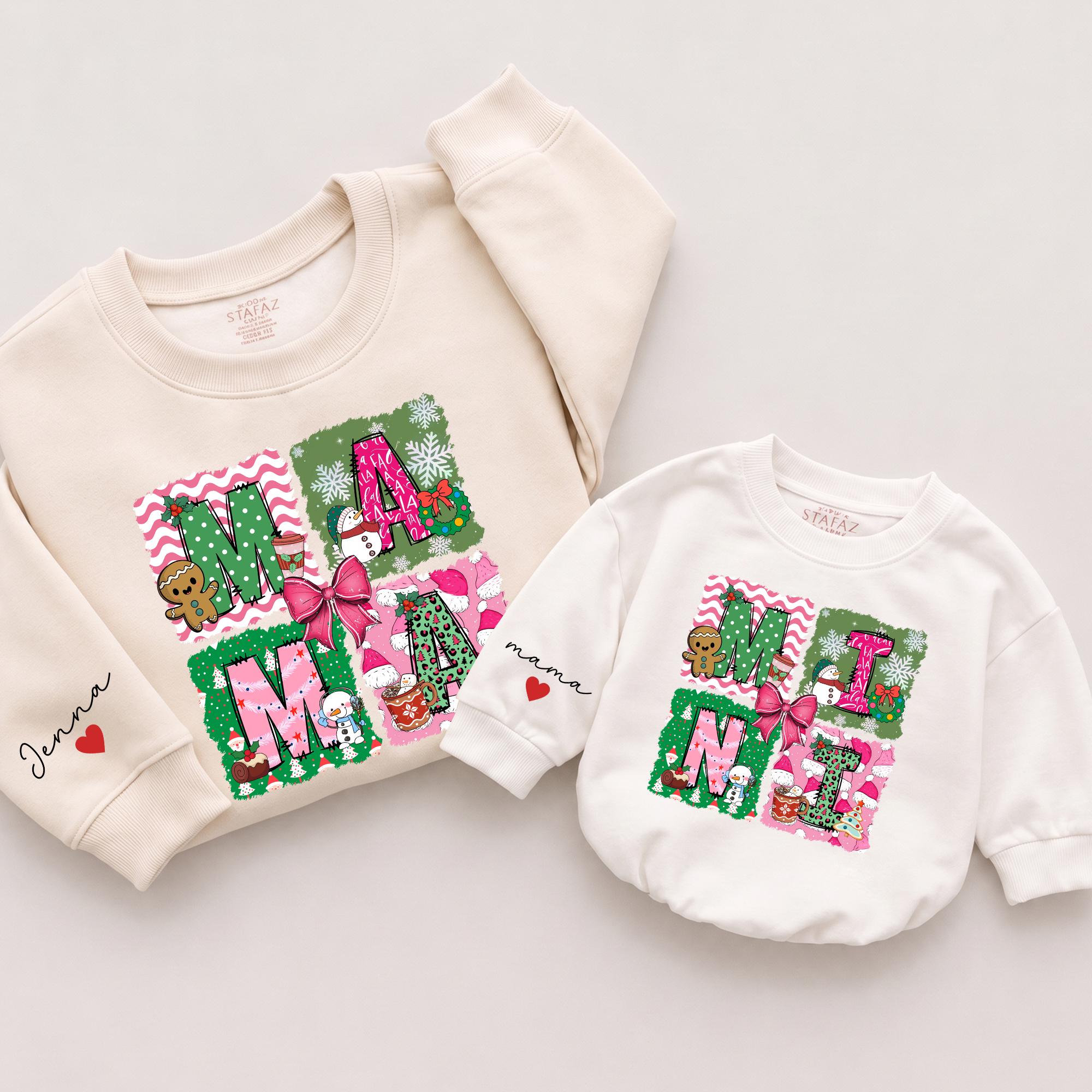 Mama and Mini Matching Christmas Sweatshirts with Festive Holiday Artwork, Custom Names, Mommy and Me Holiday Outfits