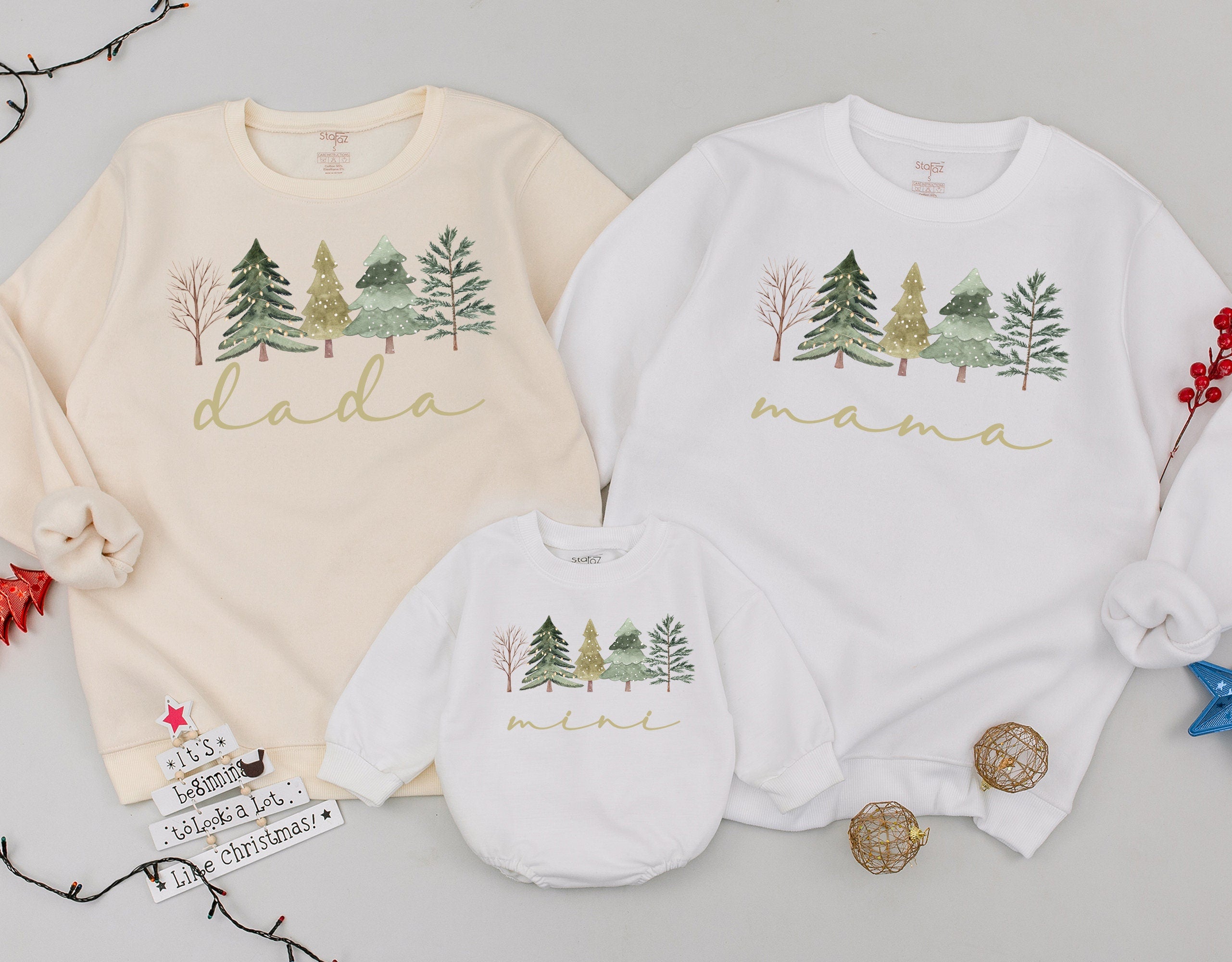 Mama and Mini Matching Christmas Tree Sweatshirts Family Holiday Outfits Soft Cotton Winter Baby Girl Romper Gift