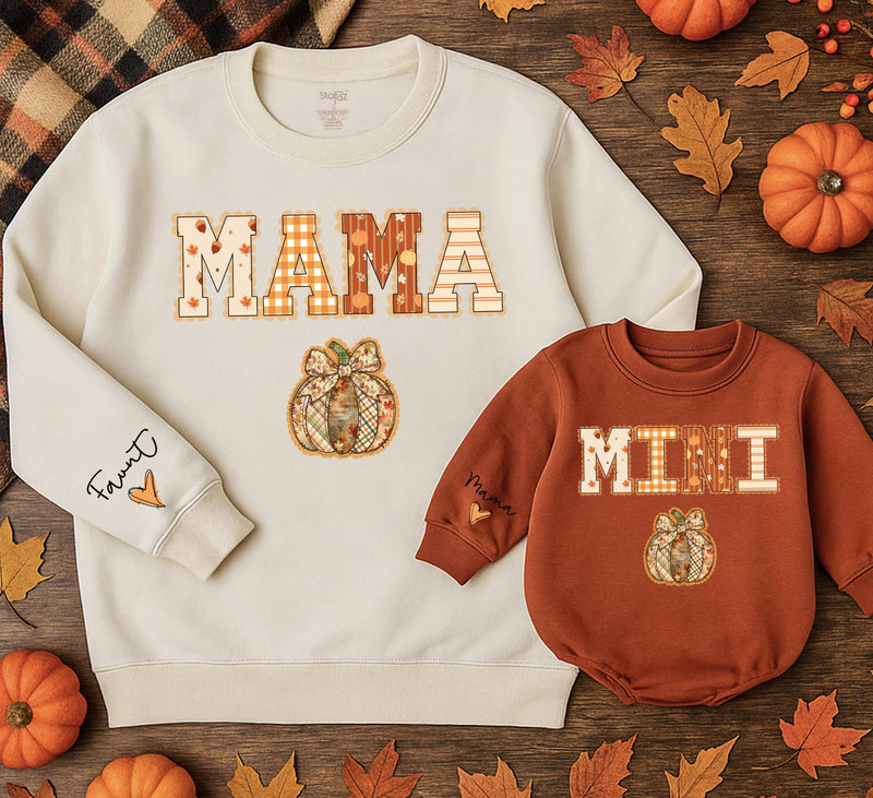 Mama and Mini Matching Fall Sweatshirts with Pumpkin Design Cozy Halloween Outfits for Mom and Baby Girl Cute Autumn Family Clothes