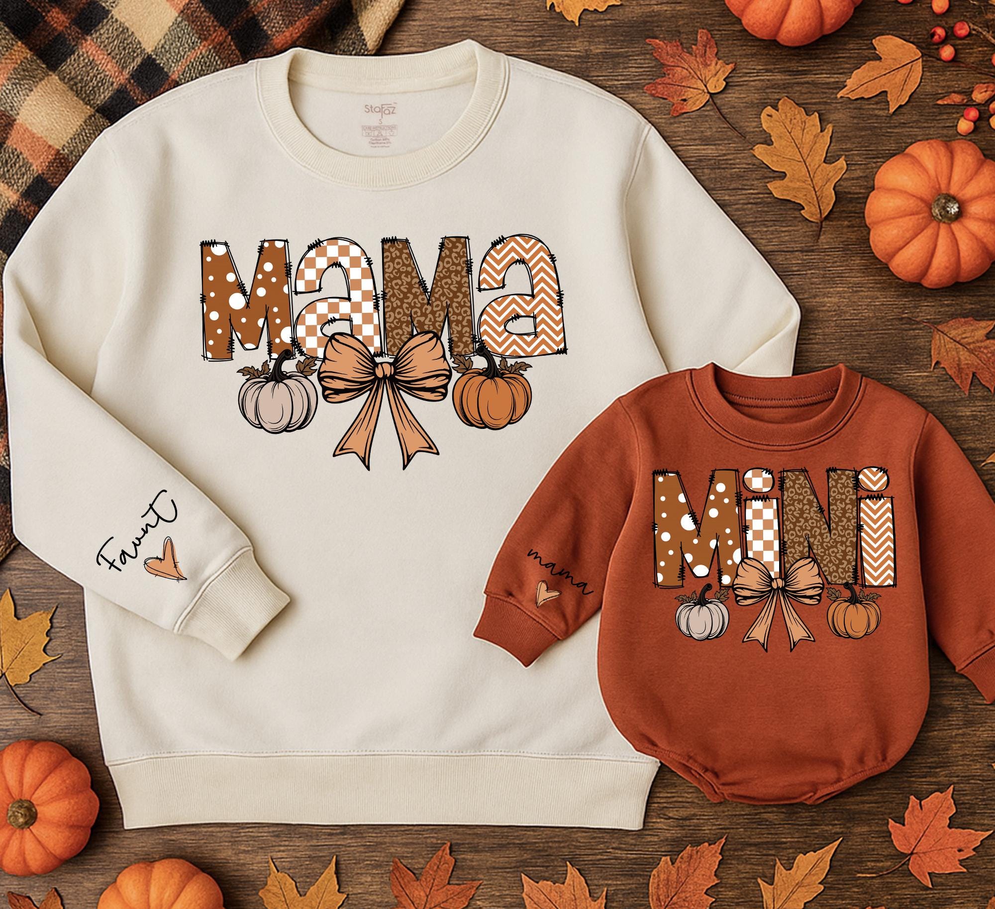 Mama and Mini Matching Fall Sweatshirts with Pumpkins and Bow Decor Cozy Family Outfit Retro Autumn Design for Mom and Baby