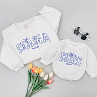 Mama and Mini Matching Floral Shirts with Custom Year and Bow Design Soft Cotton Mommy and Me Outfits for First Mother’s Day Gift