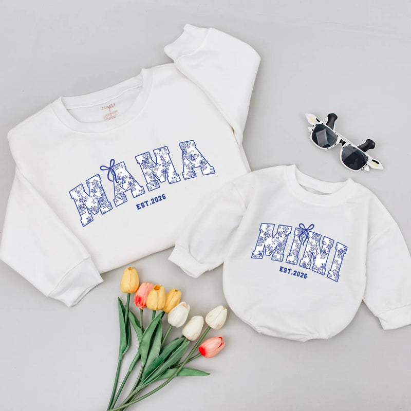 Mama and Mini Matching Floral Shirts with Custom Year and Bow Design Soft Cotton Mommy and Me Outfits for First Mother’s Day Gift