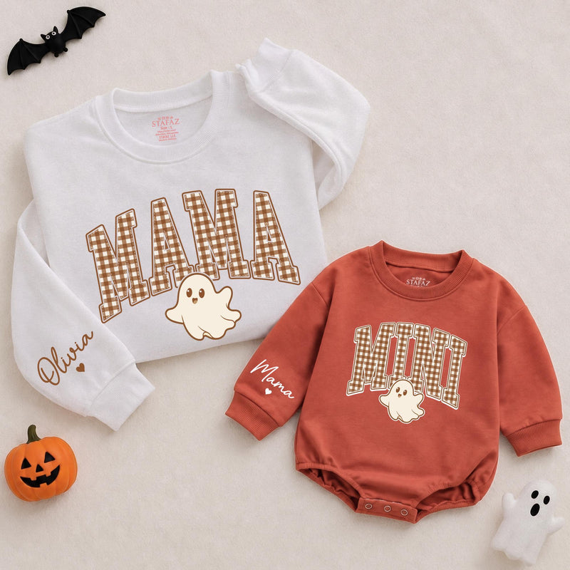 Mama Mini Matching Halloween Sweatshirt and Baby Romper with Ghost Graphic, Retro Gingham Print, Custom Name for Family Outfits