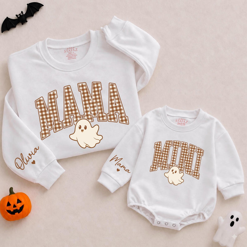 Mama Mini Matching Halloween Sweatshirt and Baby Romper with Ghost Graphic, Retro Gingham Print, Custom Name for Family Outfits